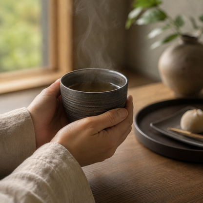 Tasse à thé aux reflets dorés tenue à deux mains devant une fenêtre