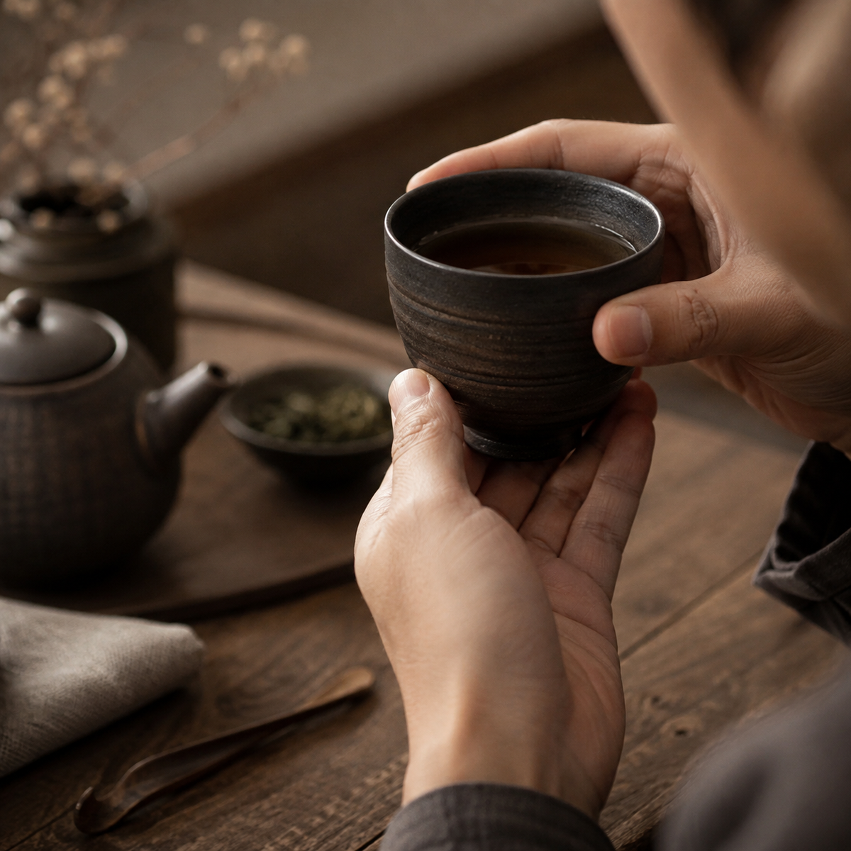 Tasse à thé remplie transmise de main en main au-dessus de la table