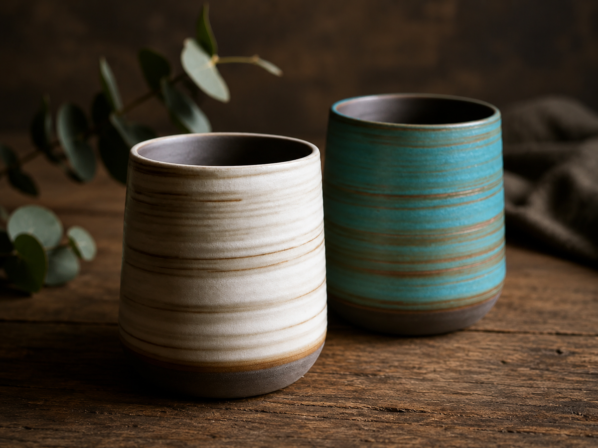 Tasses à thé en grès crème et turquoise posées près d'un bouquet d'eucalyptus