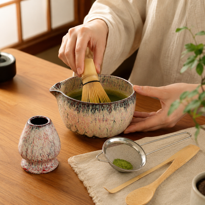Service à Thé Matcha Zen - Céramique & Bambou | Support Inclus