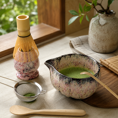 Service à Thé Matcha Zen - Céramique & Bambou | Support Inclus