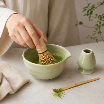 Service à Thé Matcha Rituel - Céramique & Bambou Naturel | 4 Pièces
