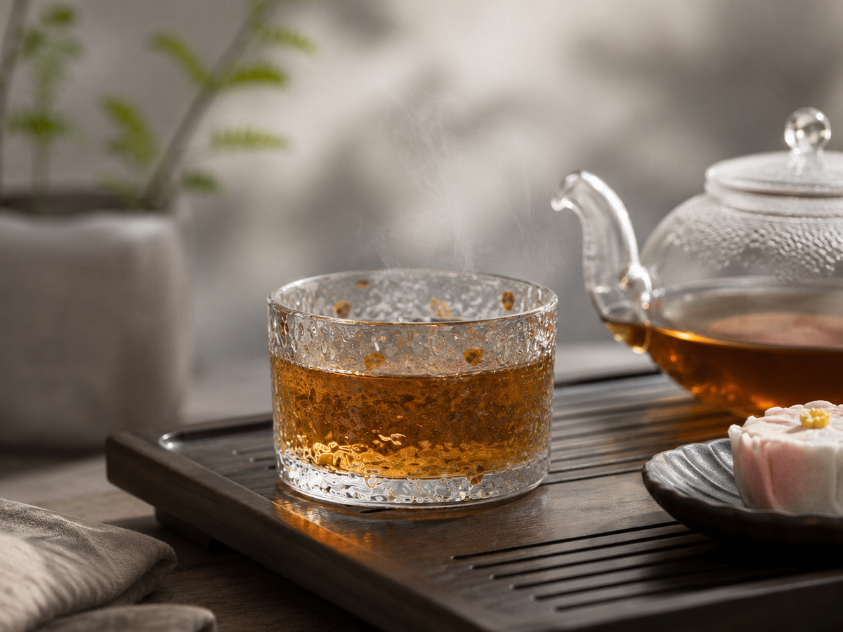 Tasse à thé en verre martelé remplie, posée sur un plateau à thé sombre