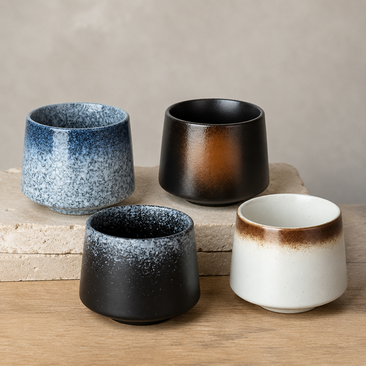 Quatre tasses à thé en céramique aux glaçures bleue, noire et blanche