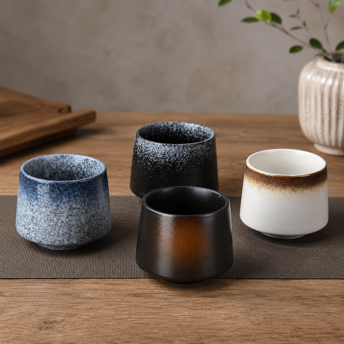 Les quatre coloris de tasses à thé en céramique posés sur une table en bois