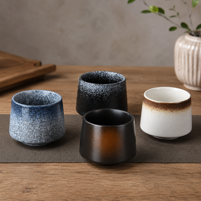 Les quatre coloris de tasses à thé en céramique posés sur une table en bois