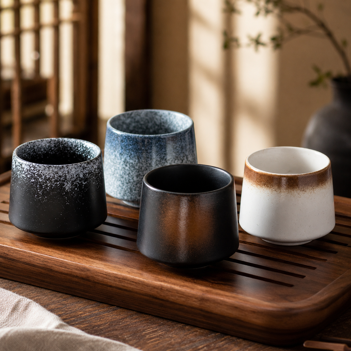 Quatre tasses à thé en céramique alignées sur un plateau à thé en bois