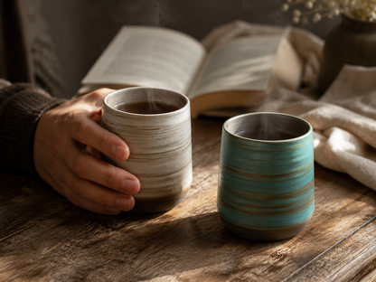 Tasse à thé en grès tenue en main devant un livre ouvert