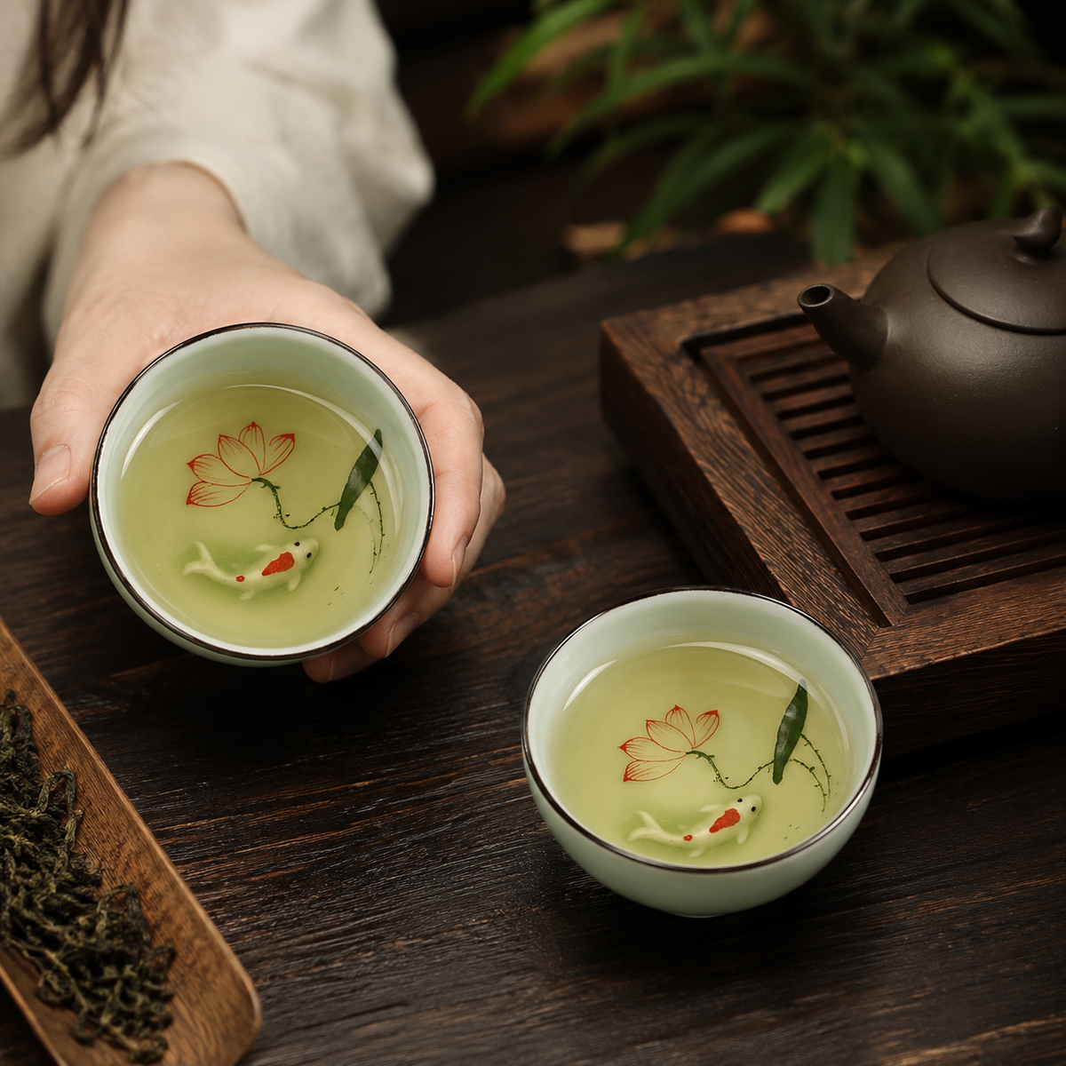 Tasse à thé céladon remplie de thé vert, tenue au creux de la main