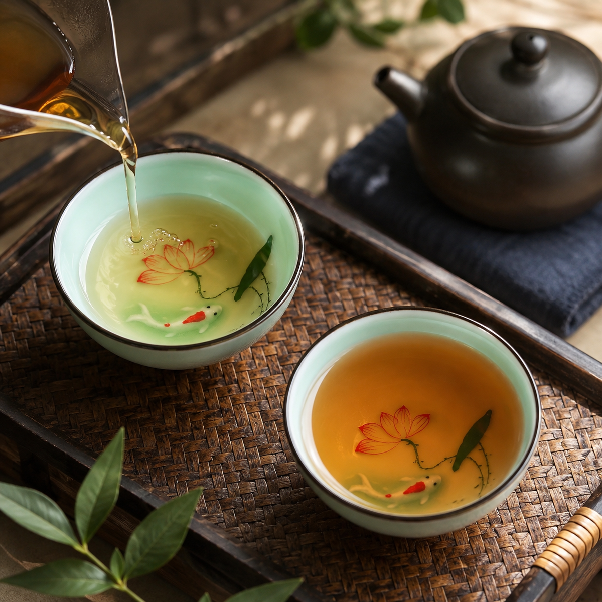 Versement du thé dans les tasses céladon à décor de carpe et de lotus
