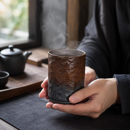 Tasse à thé fumante en grès tenue à deux mains près d'une fenêtre