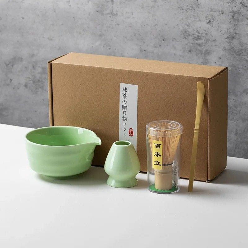 Service à Thé Matcha Rituel - Céramique & Bambou Naturel | 4 Pièces
